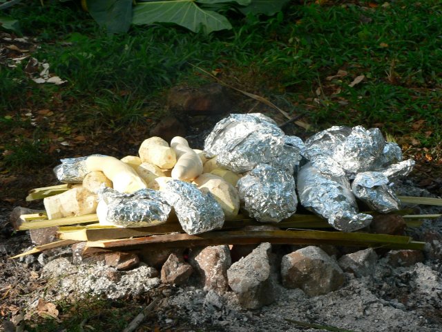 73- Preparation du lovo, les aliments sont prets a etre recouverts 